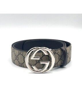 Gucci Interlocking G Buckle Leather Brown Beige Belt Silver
